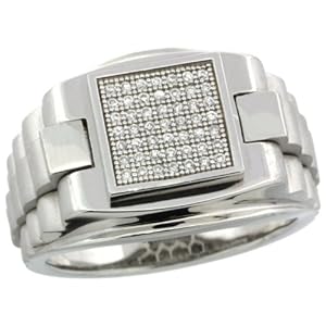 Sterling Silver Men Rolex Style Square Ring w/ 49 Micro Pave CZ Stones 5/8 in. (16mm) wide size 13