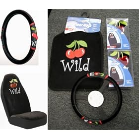Wild Cherry Design 5pc Combo Set Front Floor Mats, Seat Covers & Steering Wheel Cover