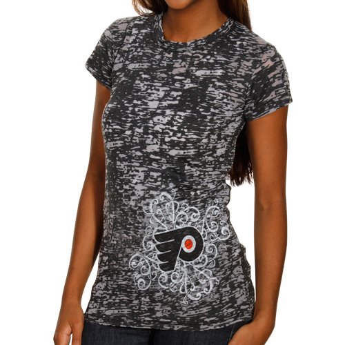 Philadelphia Flyers Ladies Scroll Burnout Premium Crew T-shirt - Black (Large)