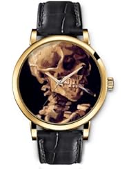SPRAWL Aanalog Fashion Series Gold Ladies Watches of Genuine Black Leather Strap,Unique Wrist Watch for Women Girls Designed with Skull smoking