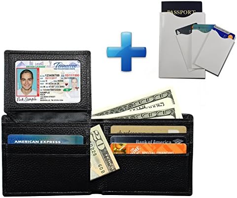 Mens Genuine Leather RFID Blocking BiFold Wallet with RFID Blocking Sleeves