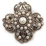 Vintage Filigree Pearl Cross Brooch (Antique Gold)