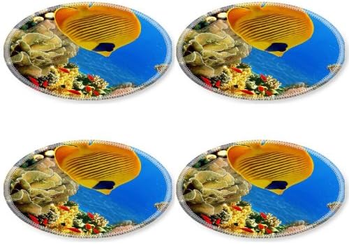 Animal Coral Reef Wildlife Fish Ocean Sea Underwater Marine Round Coaster (4 Piece) Set Fabric Rubber 5 Inch Size Luxlady Coaster Cup Mug Can Water Bottle Drink Coasters Stain Resistance Collector Kit Kitchen Table Top Desk