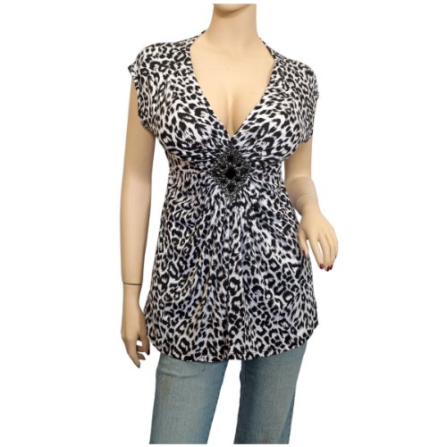 Plus size Animal Print Low Cut V-neck Top Black
