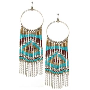Second Glance Designs Silvertone Southwest-Inspired Hoop Chandelier Earrings with Dangling Beaded Chains of Turquoise Brown and Gold Beads