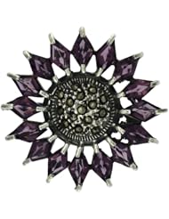 Sterling Silver Marcasite Flower Brooch Pin w/ Diamond Shape Amethyst Stones, 1 1/2 in. (38mm)