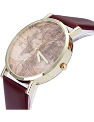 Men Women Vogue Elegant World Map Pattern Bracelet Wrist Watch Casual PU Leather Coffee