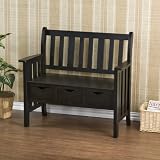 Wood Country Bench with 3 Drawers - Black Finish