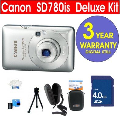 Canon PowerShot SD780 IS 12.1 MP Digital Camera (Silver) + 4 GB High Speed Memory Card + Deluxe Hard Camera Case + Celltime 3 Piece Cleaning Kit + Compact Tripod + Memory Card Wallet + Screen Protectors + Soft-tex Fiber Cloth + Cotton Swabs + 3 Year Warranty Repair Contract