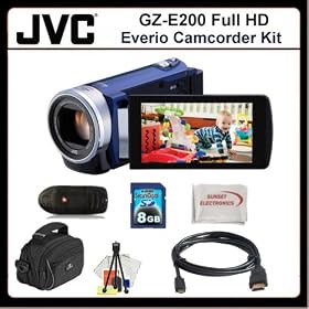 JVC GZ-E200 Full HD Everio Camcorder Kit Includes: JVC GZE200 Camcorder (Blue), HDMI Cable , 8GB Memory Card,Memory Card Reader, Large Carrying Case, Table Top Tripod, LCD Screen Protectors, Cleaning Kit & SSE Microfiber Cleaning Cloth.
