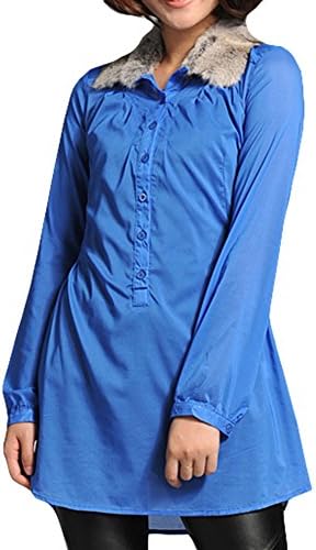 Parabuy Women's Button-end Faux Fur Collar Single Cuff Long Blouse, Blue, 4