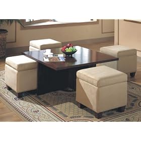Contemporary Dark Mahogany Finish Coffee Table with 4 Storage Ottomans