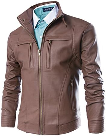 HEBEW Men's Unique Lapel Zippers Motocycle Pu Lether Jacket(LULO1)-Small Brown