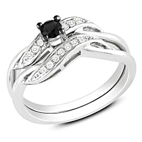 Sterling Silver 1/4 CT TDW Black and White Diamond Black Rhodium Plated Bridal Set Ring (G-H, I3)