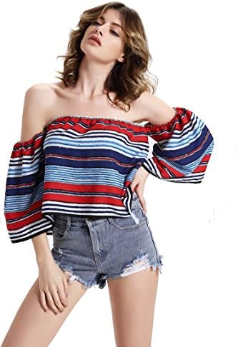 Sexy Off-Shoulder Floral print Top For Women Blouse T-shirts (Asian size 2XL (US 6~8), Red+White)