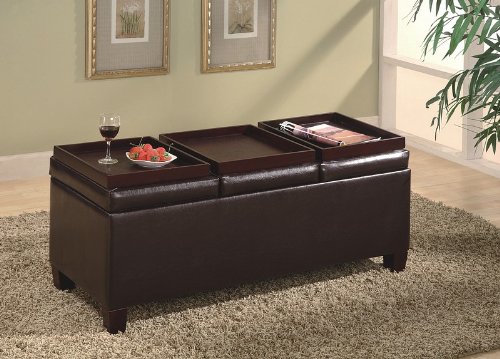 Brown Vinyl Storage Ottoman Coffee Table with Trays