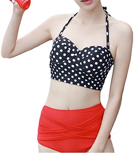 Taihexin Womens Black Polka Dots Bustier Red Cross Bottom Halter Bikini Swimsuit Set S