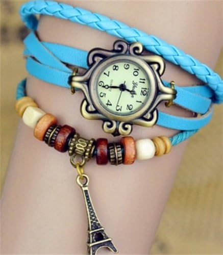 Misslo® Boho Chic Vintage Inspired Leather Rope Bracelet Watch with Eiffel Tower (Sky Blue)