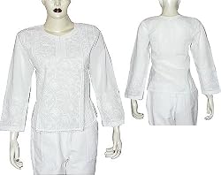 Kurti Dress in India Clothes Cotton Chikan Embroidery Size XS (ctop398)