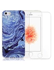Wireless: Iphone 5 / 5s Case, Iphone SE Case, A-Focus Marble Design Ocean Blue Creative Sli Fit Soft Flexible TPU Case + Tempered Glass Screen Protectpor for Iphone 5S / 5 / SE ( Blue ) - A-Focus