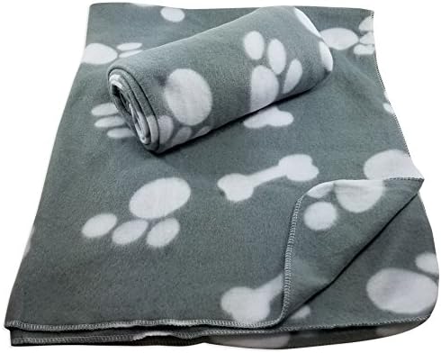 38 x 30 Inch Dog Blanket with Paw Print and Bones Pattern by FIDO Care (Set of 2 Gray Fleece)