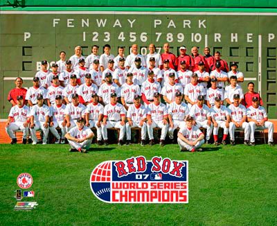 Boston Red Sox - 2007 World Series Champions Team Sit Down next to Green Monster at Fenway Park - MLB Color 8x10 Photo