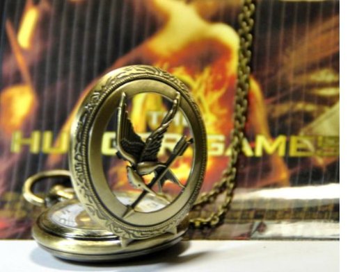 Vintage Inspired Hunger Games Pendant Pocket Watch Necklace with Thick Sized Bronze Cooper Antique Chain - Big Size Watch