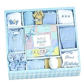 New Baby Boy Blue Layette Gift Set with Keepsake First Year Calendar - Great Shower Gift Idea for Newborns