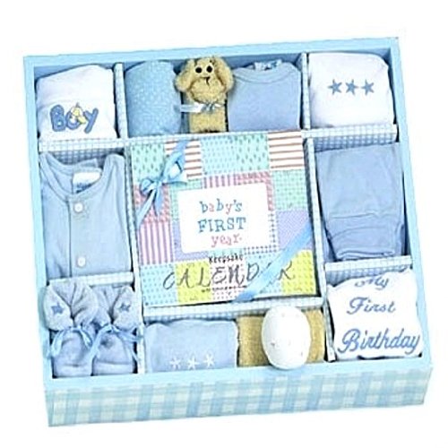 New Baby Boy Blue Layette Gift Set with Keepsake First Year Calendar - Great Shower Gift Idea for Newborns at Amazon.com