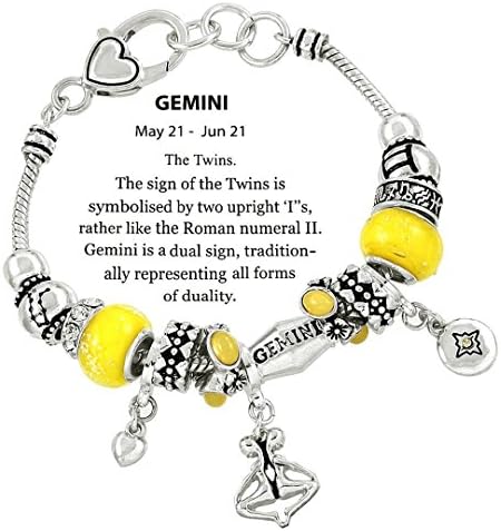 Gemini Charm Bracelet Z1 Twin Yellow Murano Beads Crystal May June Zodiac