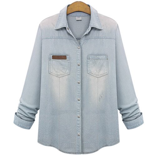 (イイネショップ) eeNeshop ウォッシュド レザーパッチ デニム シャツ