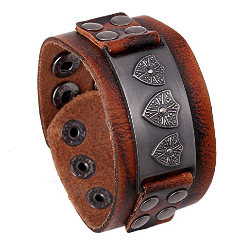 Nice Buckeye Fashion Wide Style Studs Studded Crucifix Flowers Brown Leather Bracelet