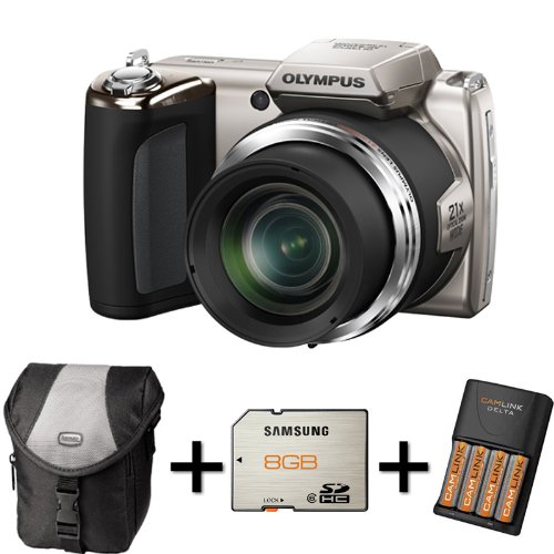 Olympus SP-620UZ - Silver+ Case + 8GB Memory Card + 4XAA Battery and Charger(16MP, 21x Wide Optical Zoom) 3 inch LCD