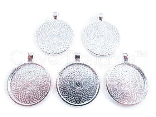 10 CleverDelights Round Pendant Trays - Shimmering Silver Color - 25mm 1