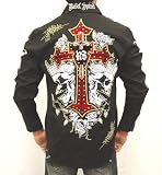 Rebel Spirit Skull Kings Sparkly Crowns Velvet Cross Button Front Shirt Medium - 3XL