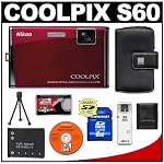 Nikon Coolpix S60 10 Megapixel Digital Camera (Crimson Red) with 5x Optical Zoom + EN-EL10 Battery + 8GB Card + Leather Case + Accessory Kit