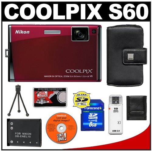 Nikon Coolpix S60 10 Megapixel Digital Camera (Crimson Red) with 5x Optical Zoom + EN-EL10 Battery + 8GB Card + Leather Case + Accessory Kit