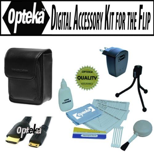Opteka Professional Digital Accessory kit for the Flip Ultra U1120, UltraHD U260, U2120, U32120, MinoHD F460, M2120, M3160, M31120, SlideHD S1240 includes Opteka cleaning kit, Vanguard logos 6B Leather case, HDMI cable, USB AC Charger and more