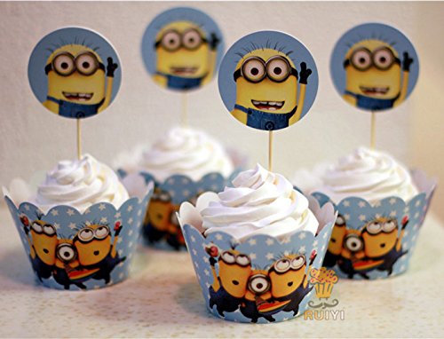 Fatflyshop - 48 Pieces/lot Despicable Me Minions Cupcake Wrappers Cake Toppers Picks Decoration Kids Birthday Party Favors Supplies