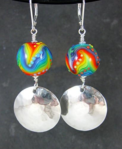 Round Rainbow Glass and Hammered Sterling Silver Disc Dangle Earrings Bright Colorful Handmade Jewlery
