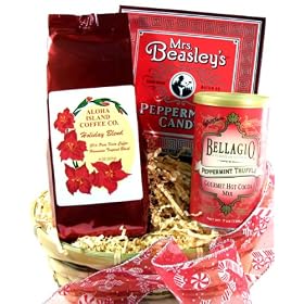 Happy Holiday Peppermint Gift Basket with Kona Holiday Blend Coffee, Peppermint Candy and Cocoa