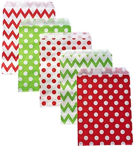 Red and Green Christmas Holiday Paper Party Treat Bags 60 Count 5x7 Chevron Polka Dot W/ Clear Seals