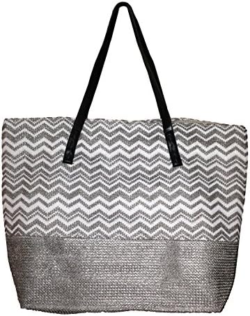 Large Chevron Print Straw Look Lined Beach Bag Tote (Gray)