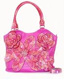 Pink Leather Handbag Lizard Flower Hobo with Bracelet Pink