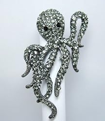 Sea Creature Sea Devil Dark Siliver Octopus Crystal Cocktail Ring