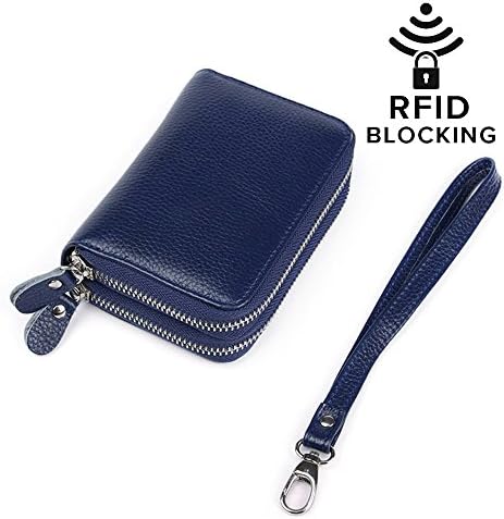 Celestte Credit Card Organizer Wallet, Leather RFID Blocking Zip Around Wristband Wallet (Dark Blue)