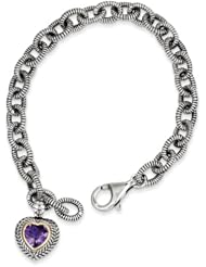 SS 14k Yellow Gold Amethyst Heart 7.5in Vintage Style Bracelet 5.24ct