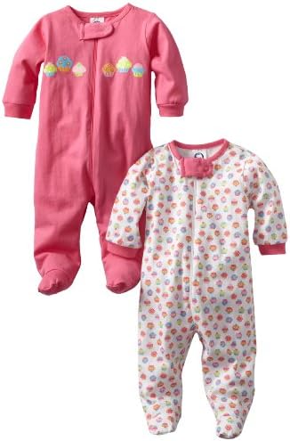 Gerber Baby-Girls  2 Pack Sleep N Play Zip Front Cupcakes, Pink/White,Newborn