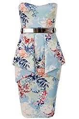 Strapless Elastane/Polyester Floral Print Belted Peplum Midi Dress 