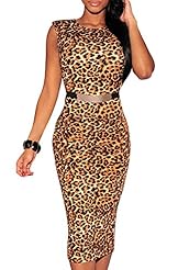 Sexy Polyester/Spandex Leopard Print Belted Cutout Sleeveless Bodycon Dress 